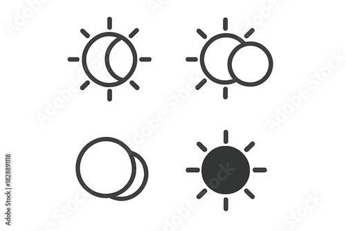 Minimal line icons depicting solar and lunar eclipses, astronomical events, and weather symbols