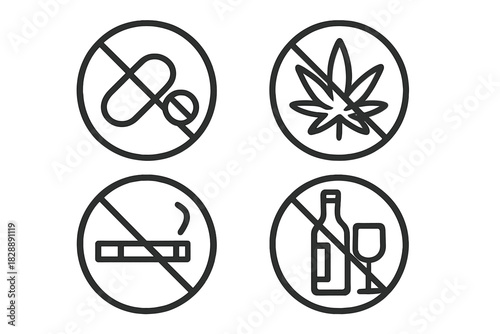 Set of prohibition signs for drugs, cannabis, smoking, and alcohol consumption