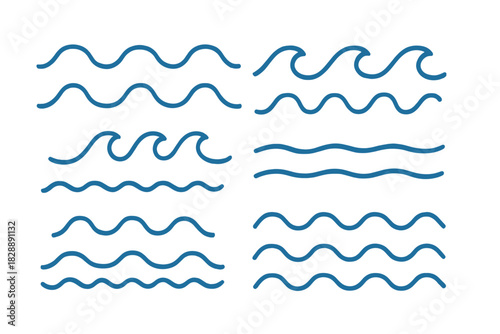 Various blue water wave line icons and borders representing ocean or sea movement