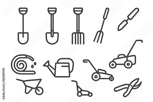 Essential outline symbols of gardening and farming tools for agriculture and yard work