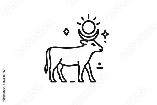 Minimalist line art of a stylized bovine animal with mystical celestial and cosmic symbols