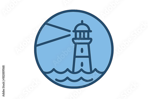 Minimalist lighthouse shining light over ocean waves in a circular badge