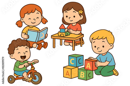 Diverse group of preschool children happily engaged in various educational playtime activities
