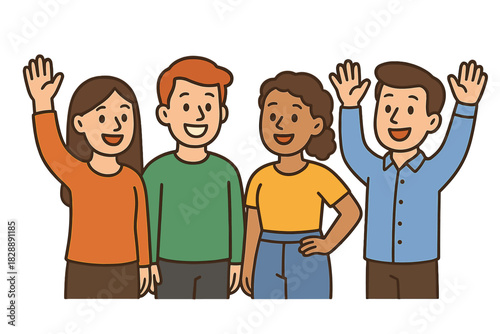 Diverse group of four young adults standing together, smiling happily, and raising hands in a friendly greeting