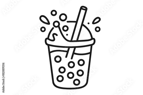 Refreshing bubble tea beverage in a plastic cup with a straw showing splashing liquid