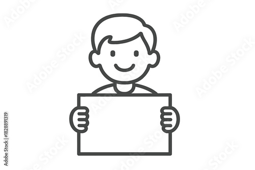 Smiling person holding a blank rectangular sign ready for custom text or message display