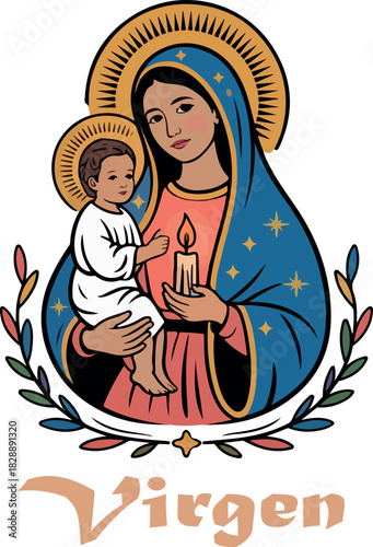 Virgen de la Guadlupe with flower logo vector white background .