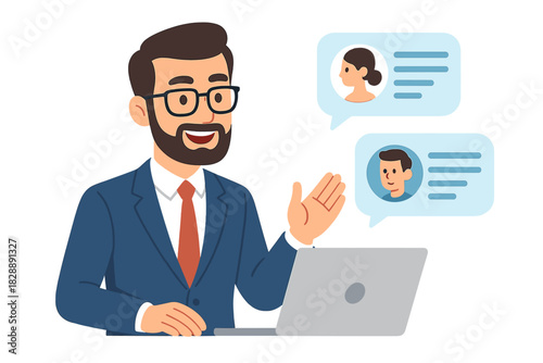 Businessman chatting online using laptop with user avatars in speech bubbles