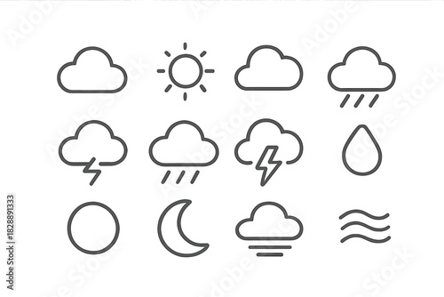 Outline weather symbols set including sun, cloud, rain, lightning, and moon signs