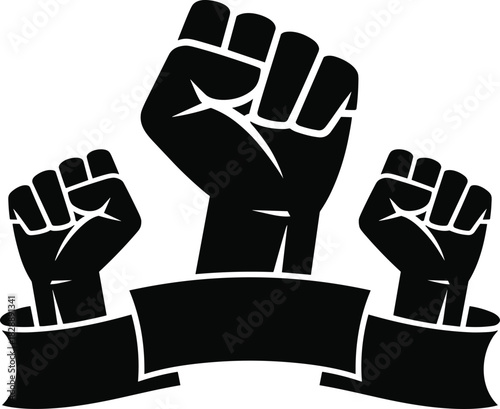 Three raised fists with blank ribbon banner below them, symbolizing unity, solidarity, and protest on transparent background