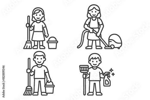 Professional cleaning staff holding various tools for household and commercial sanitation