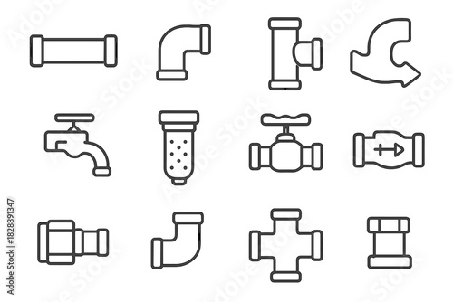 Essential plumbing components set including pipes, fittings, valves, connectors, and faucets