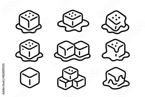Set of melting ice cube icons, frozen water symbols, and cold beverage elements
