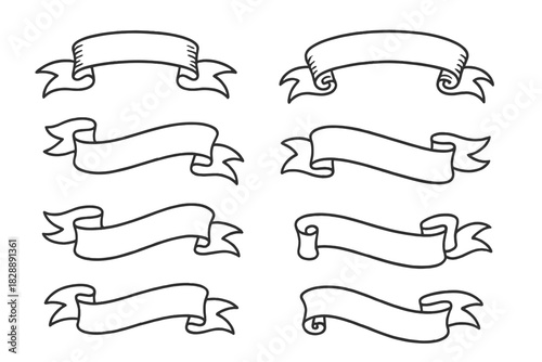 Set of eight hand-drawn doodle style ribbon banners for text or decoration