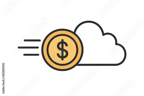 Dollar coin moving quickly toward a cloud symbol representing fast digital money transfer