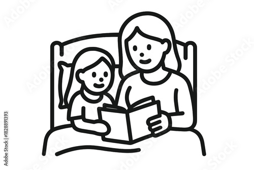 Mother and daughter bonding while reading a storybook together in bed at night