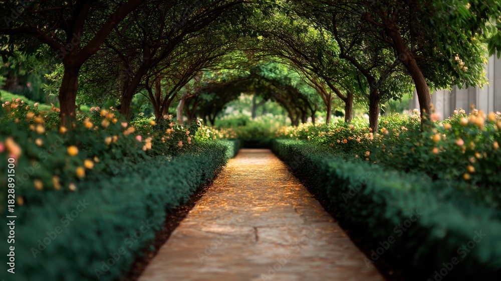 Obraz premium Serene Pathway Through Lush Green Arches of Trees and Vibrant Flower Garden in Bright Natural Light for Nature Lovers and Garden Enthusiasts