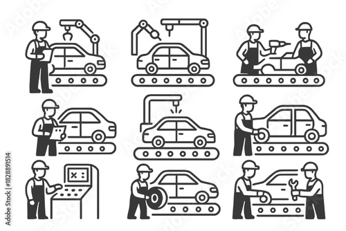 Factory assembly line showing workers and robotic automation process