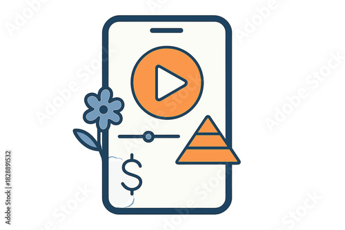 Mobile phone screen displaying media player controls, financial symbols, and natural elements