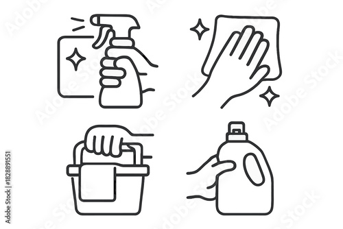 Hands spraying, wiping, carrying bucket, and handling detergent