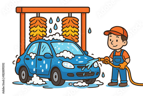 Cheerful worker washing a blue sedan car with a hose at an automatic car wash bay