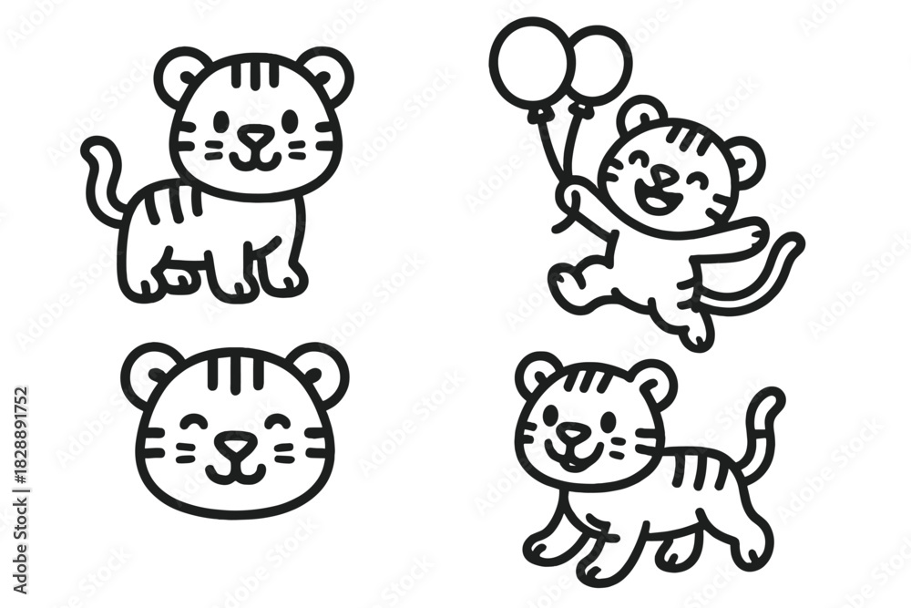 Fototapeta premium Adorable baby tiger mascots set in outline style showing various playful actions and emotions