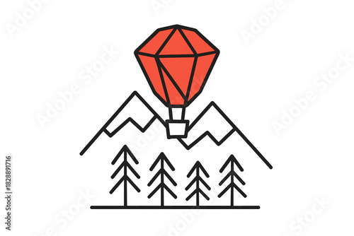 Minimalist geometric hot air balloon flying over mountain peaks and forest trees
