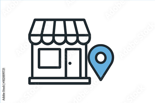 Small shop building with awning and GPS map pointer symbol for store location