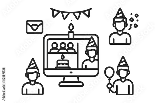 Virtual birthday party celebration on a video call screen with people wearing party hats