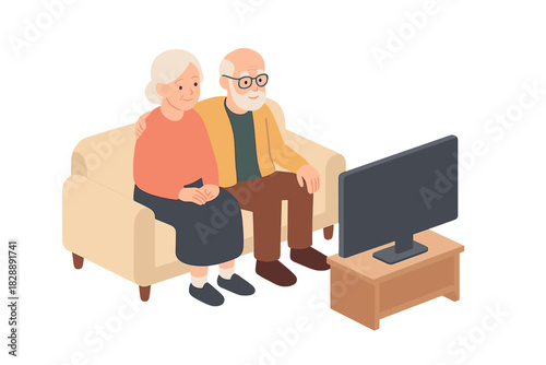 Senior couple sitting on a sofa watching television enjoying leisure time