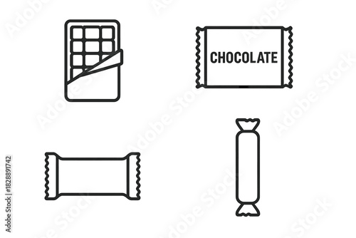 Minimalist black and white outline symbols of chocolate bars and wrapped confectionery sweets