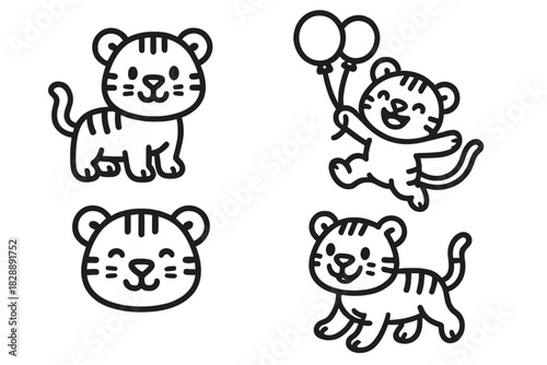 Adorable baby tiger mascots set in outline style showing various playful actions and emotions