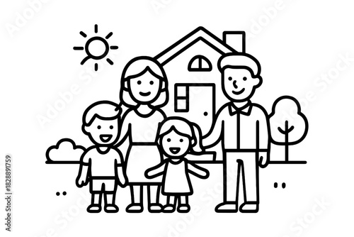Smiling family of four standing together outside their residential house under the bright sun