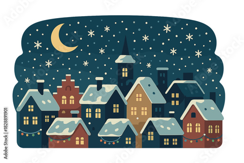 Cozy winter village scene at night with falling snow and illuminated houses