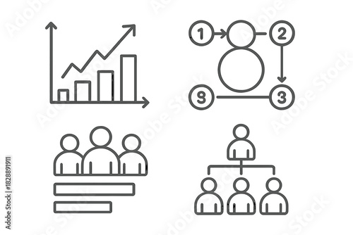 Set of outline icons illustrating business development, organizational structure, and strategic workflow diagrams