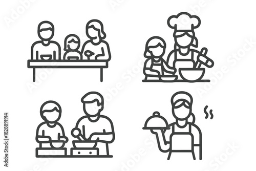 Simple graphic symbols for family dining, home cooking, and professional food service