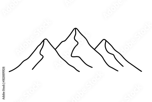 Minimalist black outline of three rugged mountain peaks on a white background