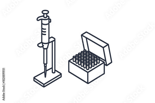 Isometric laboratory micropipette on a stand next to a box of disposable pipette tips