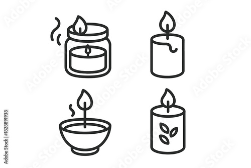 Burning candles in jars, bowls, and pillars outline symbols for relaxation and wellness