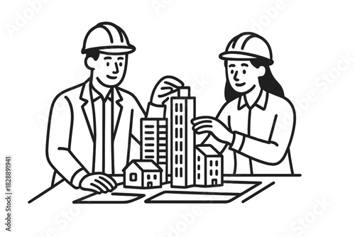 Construction workers planning urban development project using scale model