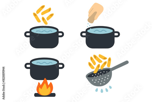 Steps for cooking pasta including boiling water, adding salt, heating, and draining