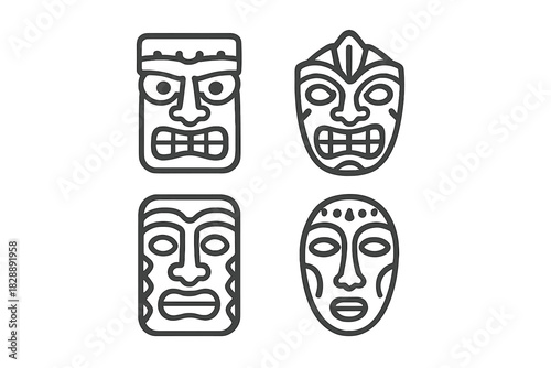 Set of four traditional Polynesian Tiki masks and ancient tribal faces outline designs