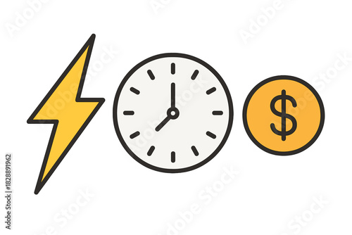Concepts of speed, time, and money represented by lightning, clock, and dollar sign symbols