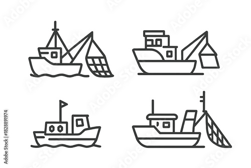 Commercial fishing boats and trawlers sailing on the water in minimalist style