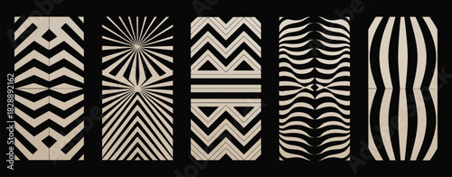 Laser Cut Patterns Set Vector Featuring Abstract Geometric Panels With Lines, Stripes, Zigzag, Chevron, And Optical Illusion Shapes Designed As Decorative Stencils For Cutting Wood, Metal, Or Plastic