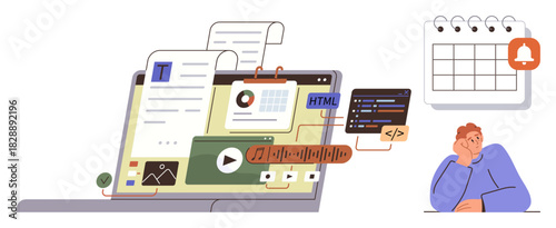 Laptop displaying text, media, code, and graphs with notification calendar and pensive person nearby. Ideal for workflow, productivity, web design, planning, multimedia coding and deadline