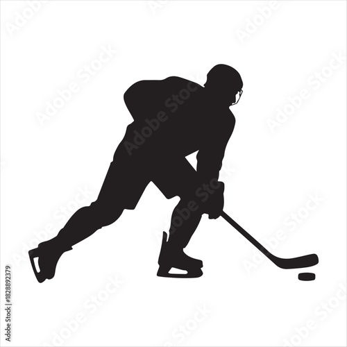 Silhouette of hockey player skating with puck and stick on white background