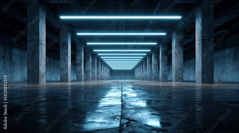 Naklejka premium Blue neon lights in industrial concrete hallway