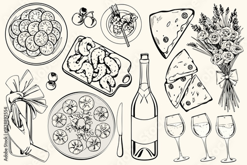 A charming flat lay featuring cheese wine and floral arrangements