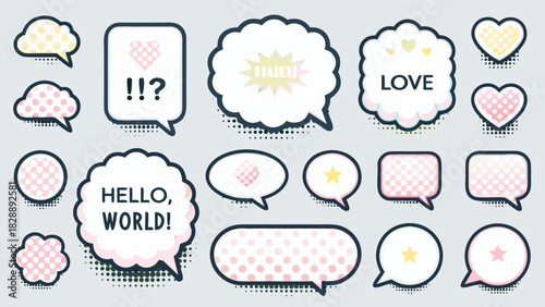 Collection of colorful speech bubbles and hearts with various patterns and text